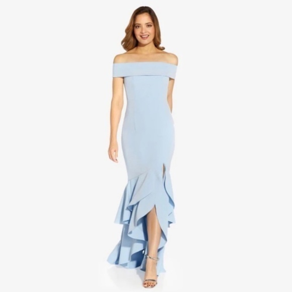 Adrianna Papell OFF-THE-SHOULDER CREPE HIGH-LOW GOWN WITH RUFFLE IN ELEGANT BLUE